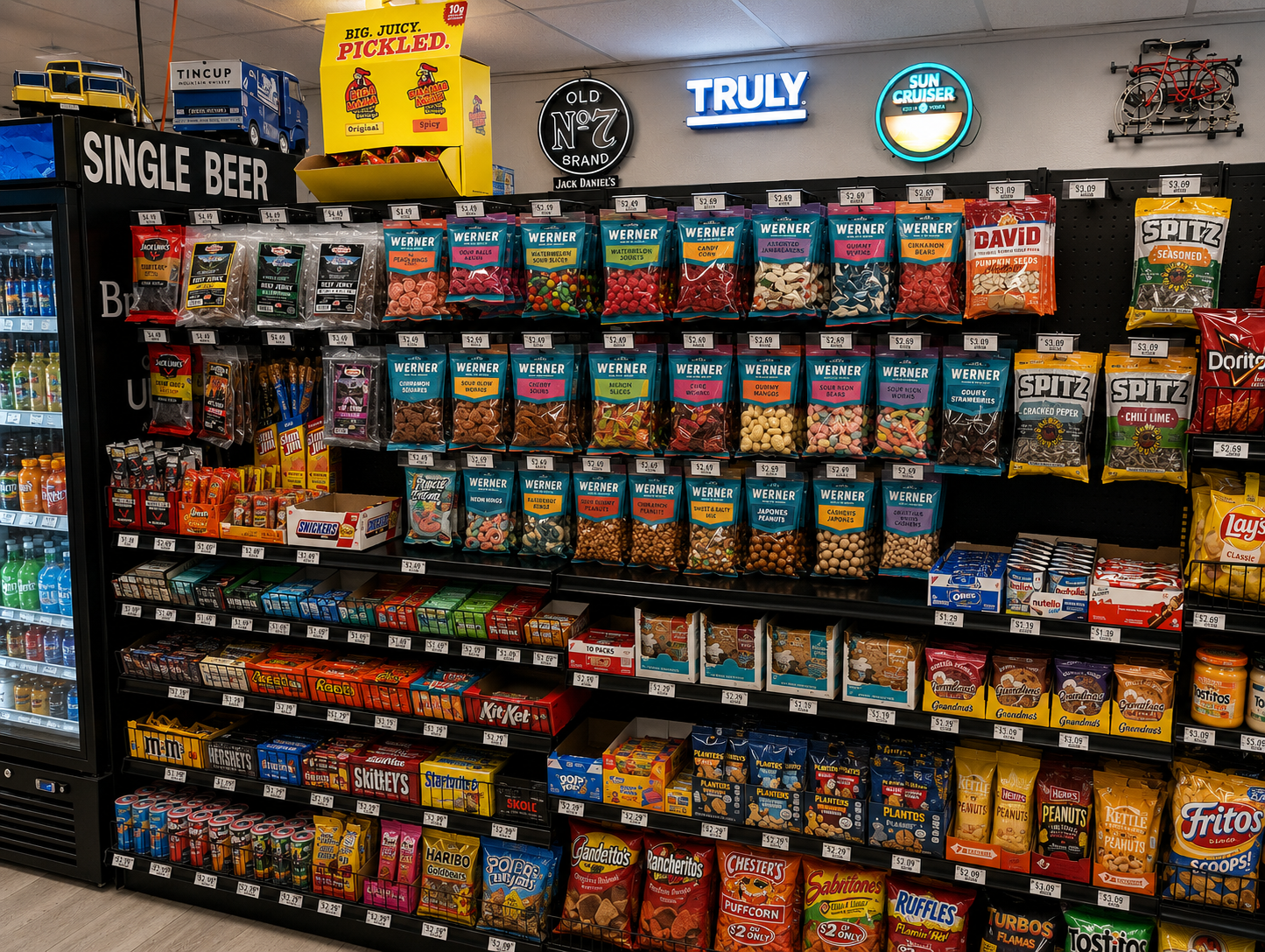 Snacks, candy, and non-alcoholic drinks at Beer Barn II